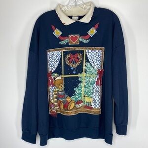 Vintage Act III Holiday Christmas Bear Navy Blue Collared Sweatshirt Size XL